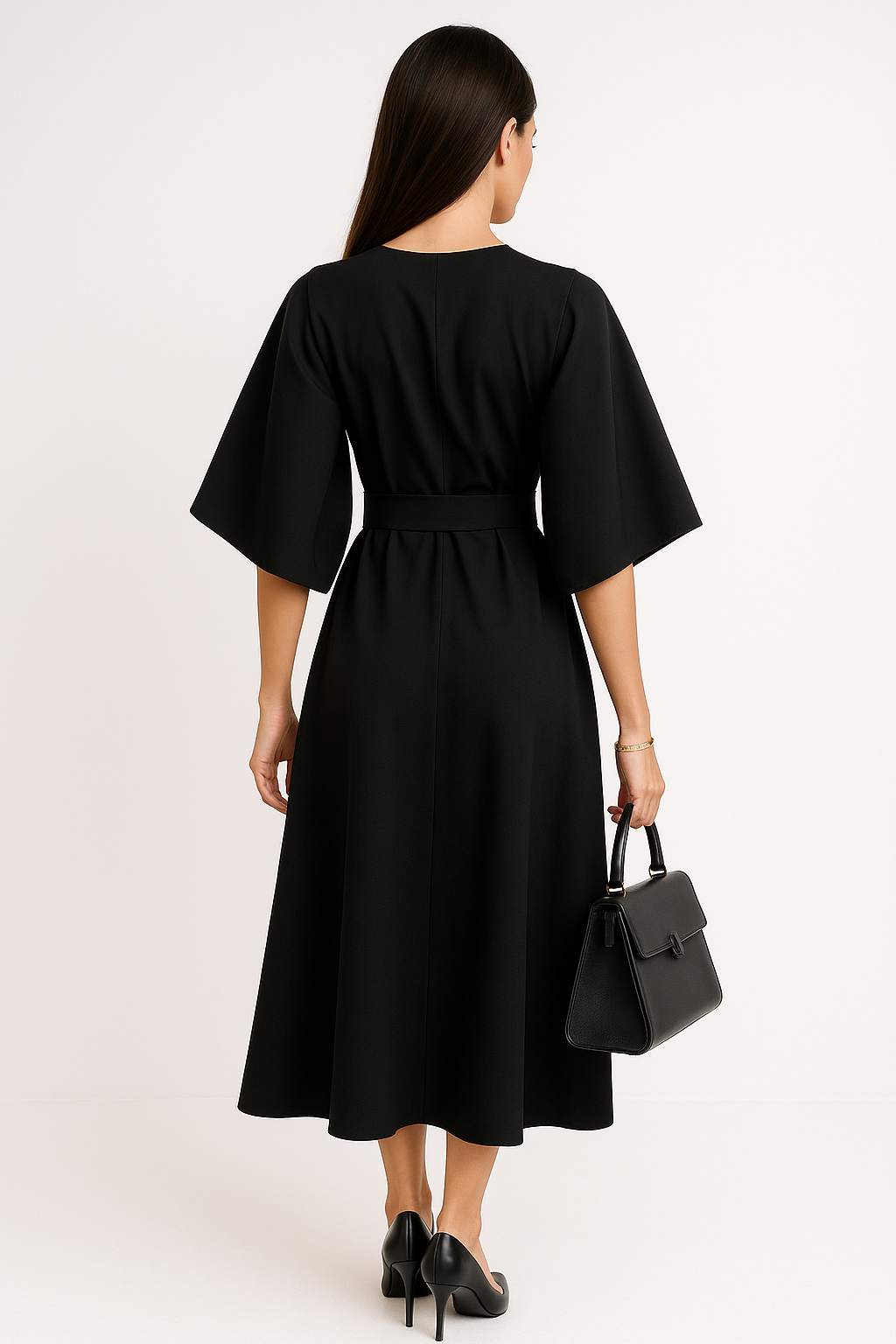 Versatile midi dress with crew neck, suitable for office or evening wear.