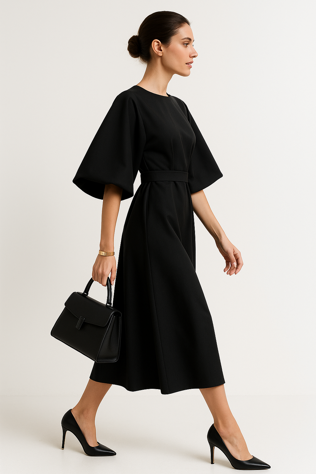 Classic women's midi work dress featuring a timeless crew neck design.