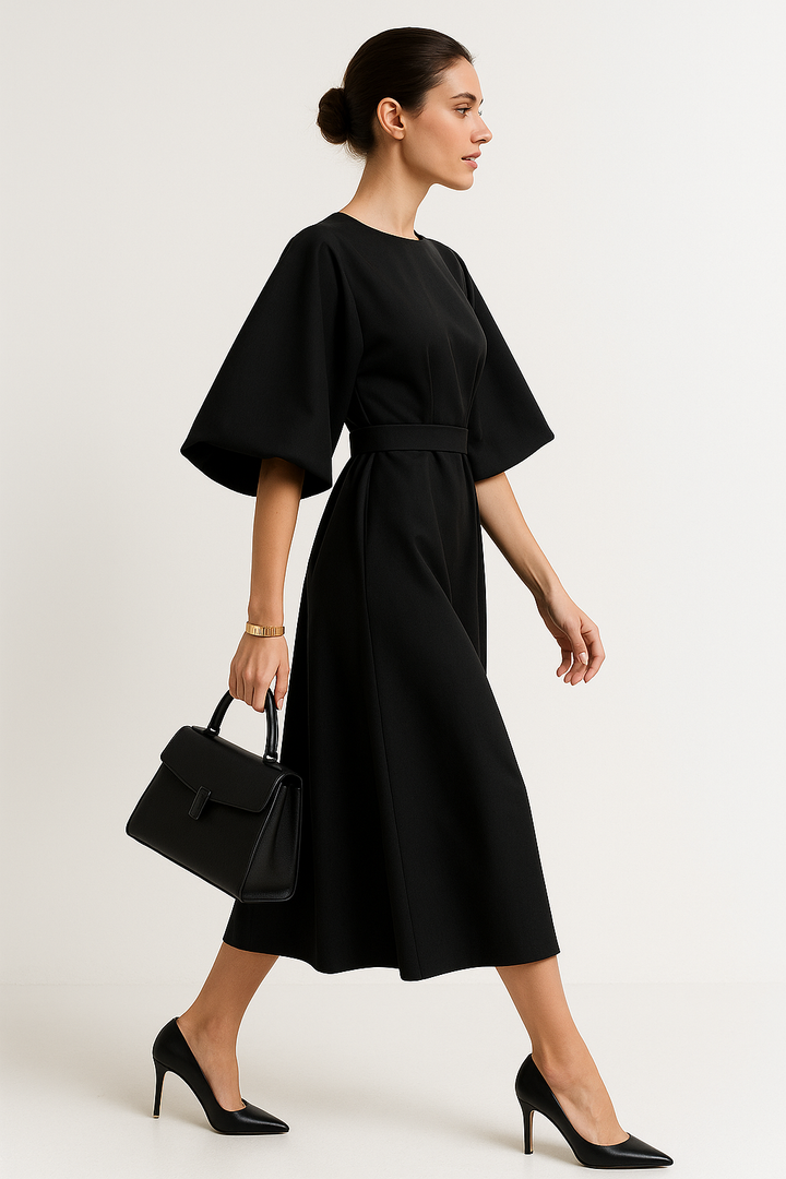 Classic women's midi work dress featuring a timeless crew neck design.
