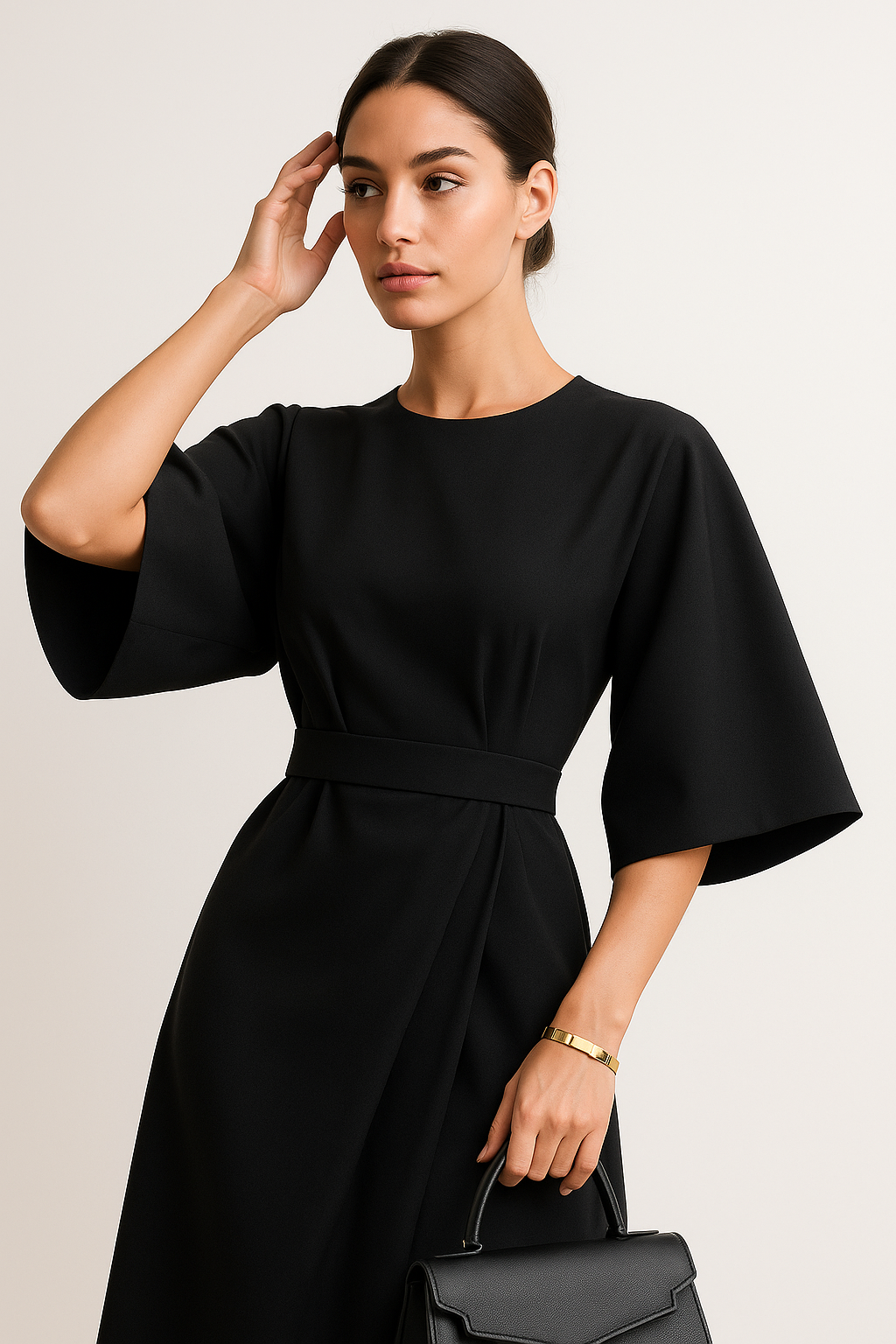 Elegant kimono sleeve midi dress for women, ideal for professional attire.
