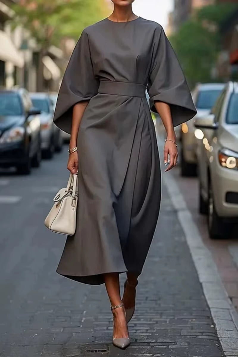 Stylish crew neck midi dress, a must-have for a versatile work wardrobe.