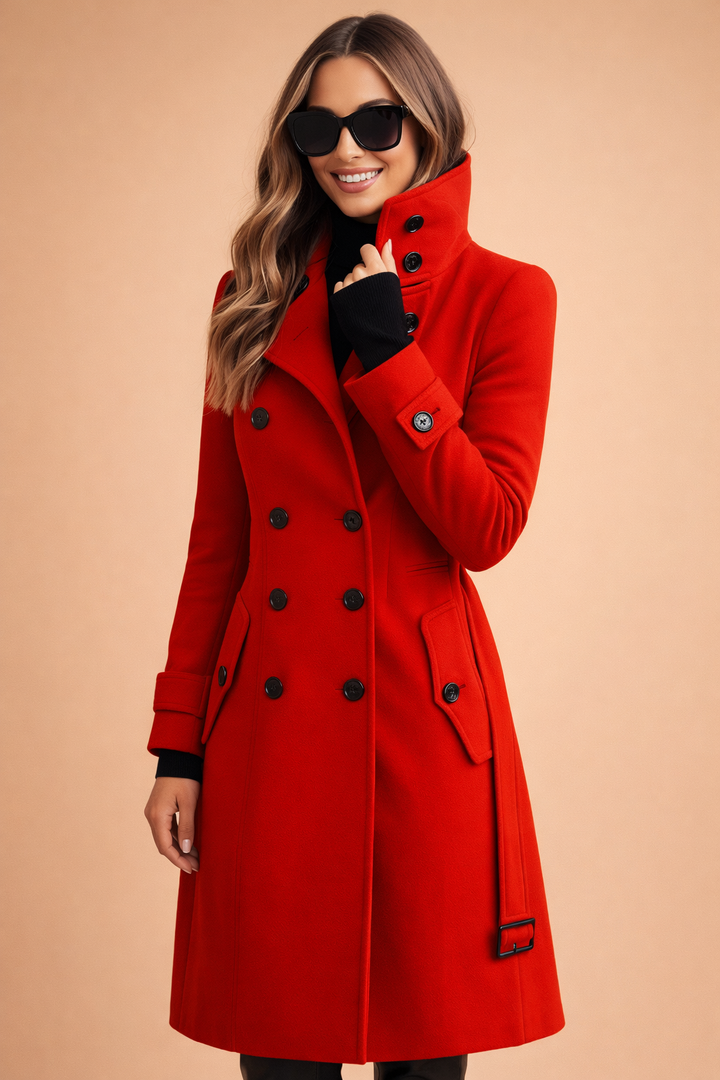 Women's elegant double-breasted winter coat with a sophisticated high collar. Perfect outerwear.