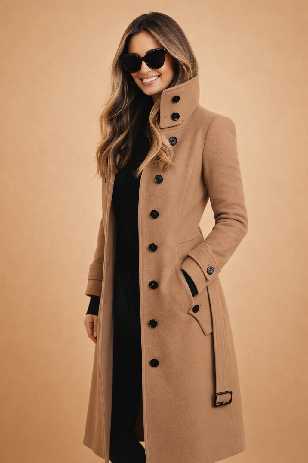 Stylish women's fashion: a warm, double-breasted winter coat featuring a chic high collar design.