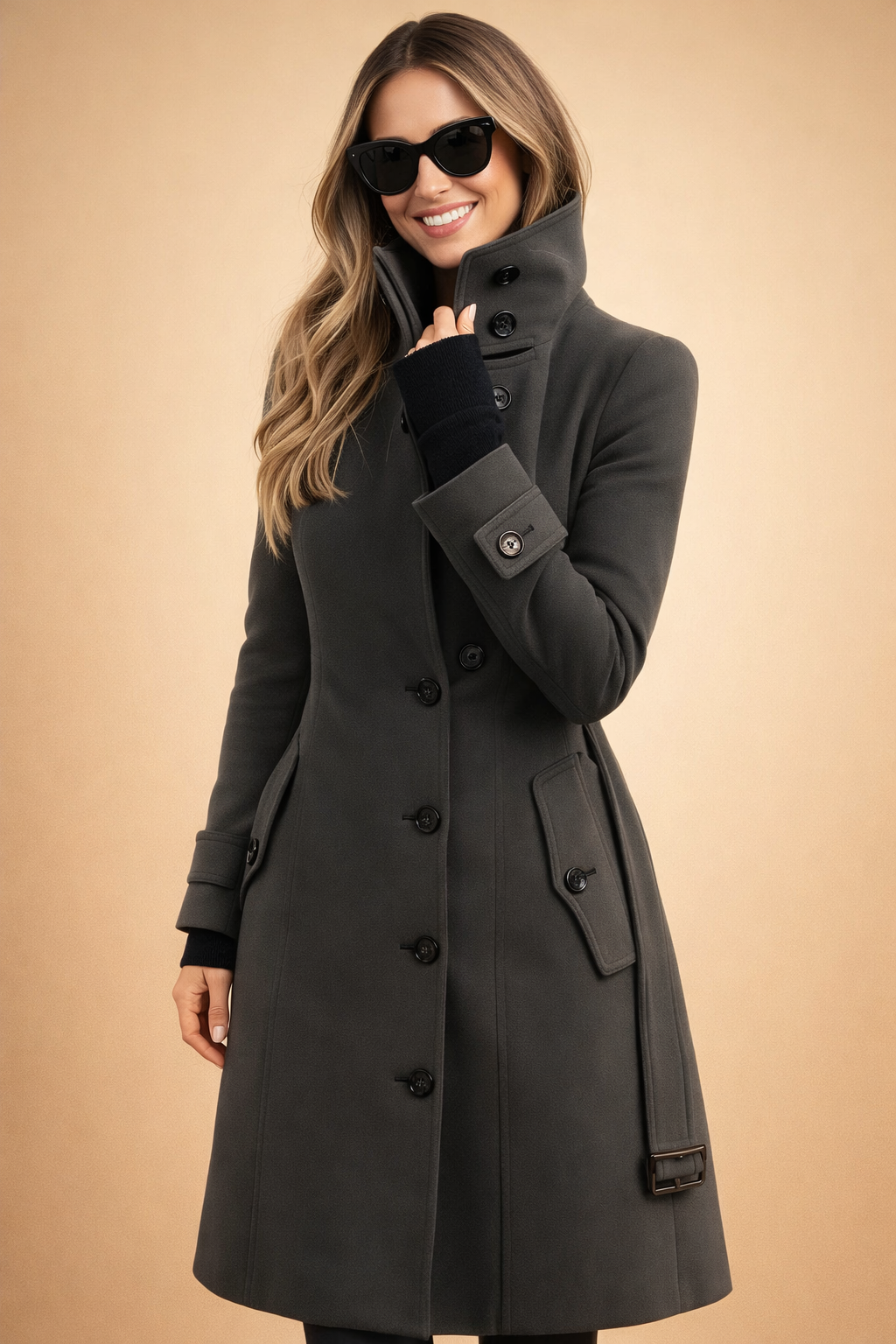 Chic women's outerwear: a fashionable, double-breasted winter coat with a distinctive high collar.