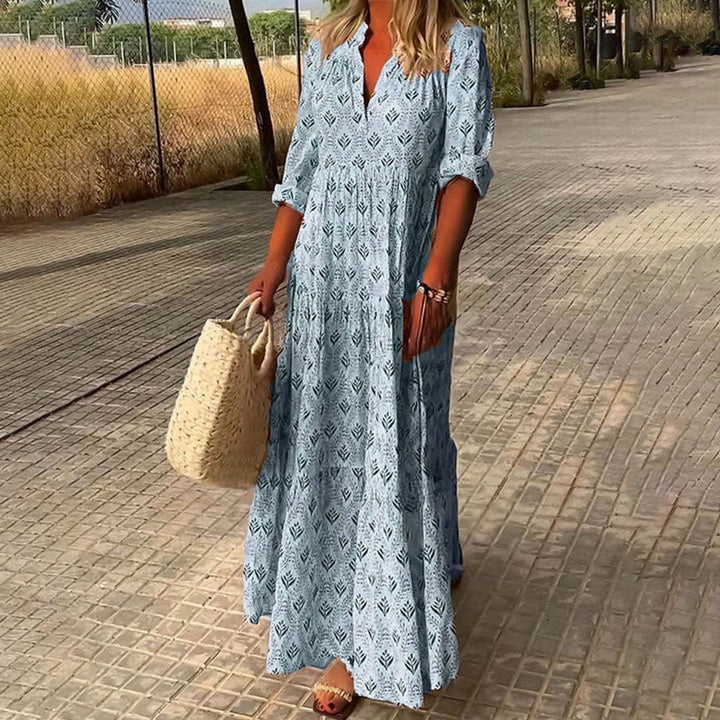 Women's elegant flowy boho maxi dress, perfect for summer vacations & casual comfort.