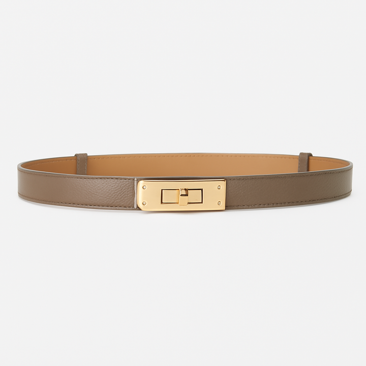 Women's elegant gold twist lock waist belt in light brown leather