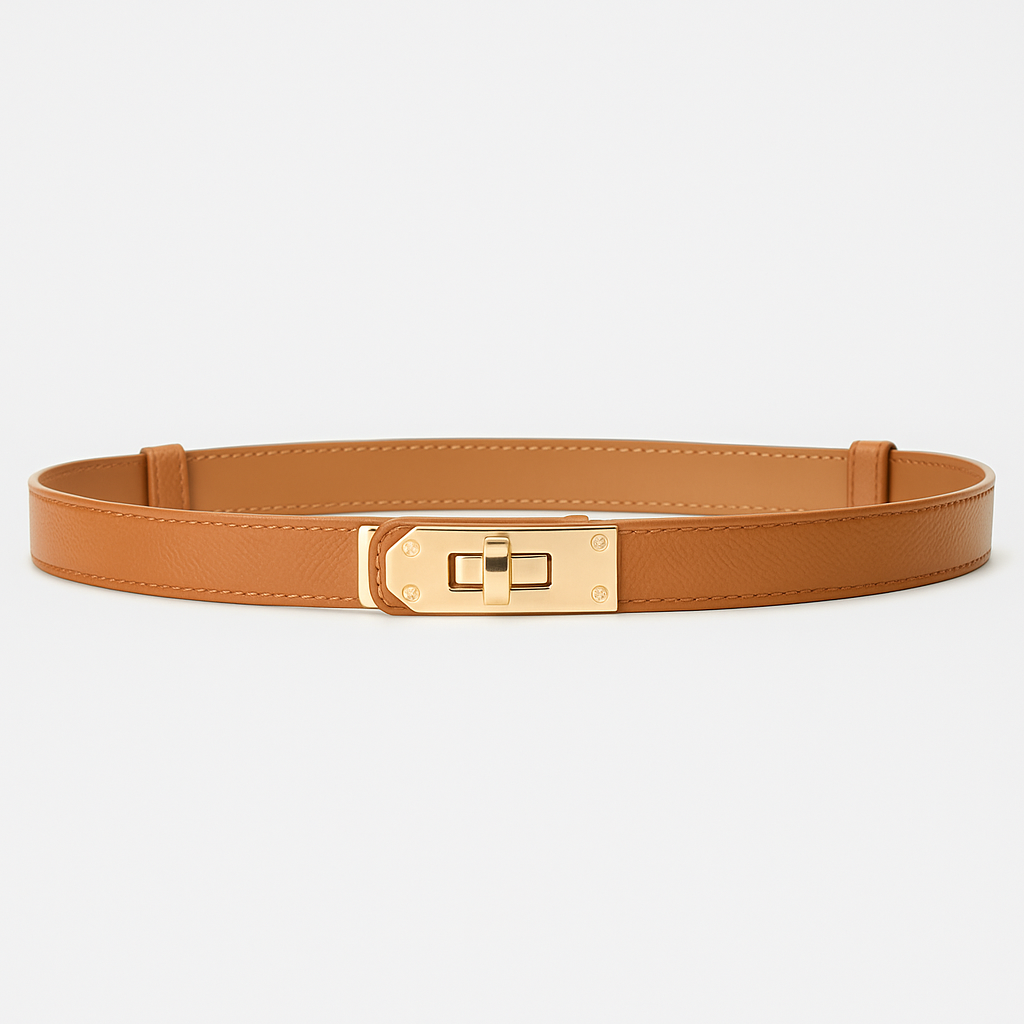 Versatile women's dress belt with a gold twist lock, available in various colors