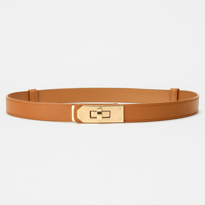 Versatile women's dress belt with a gold twist lock, available in various colors