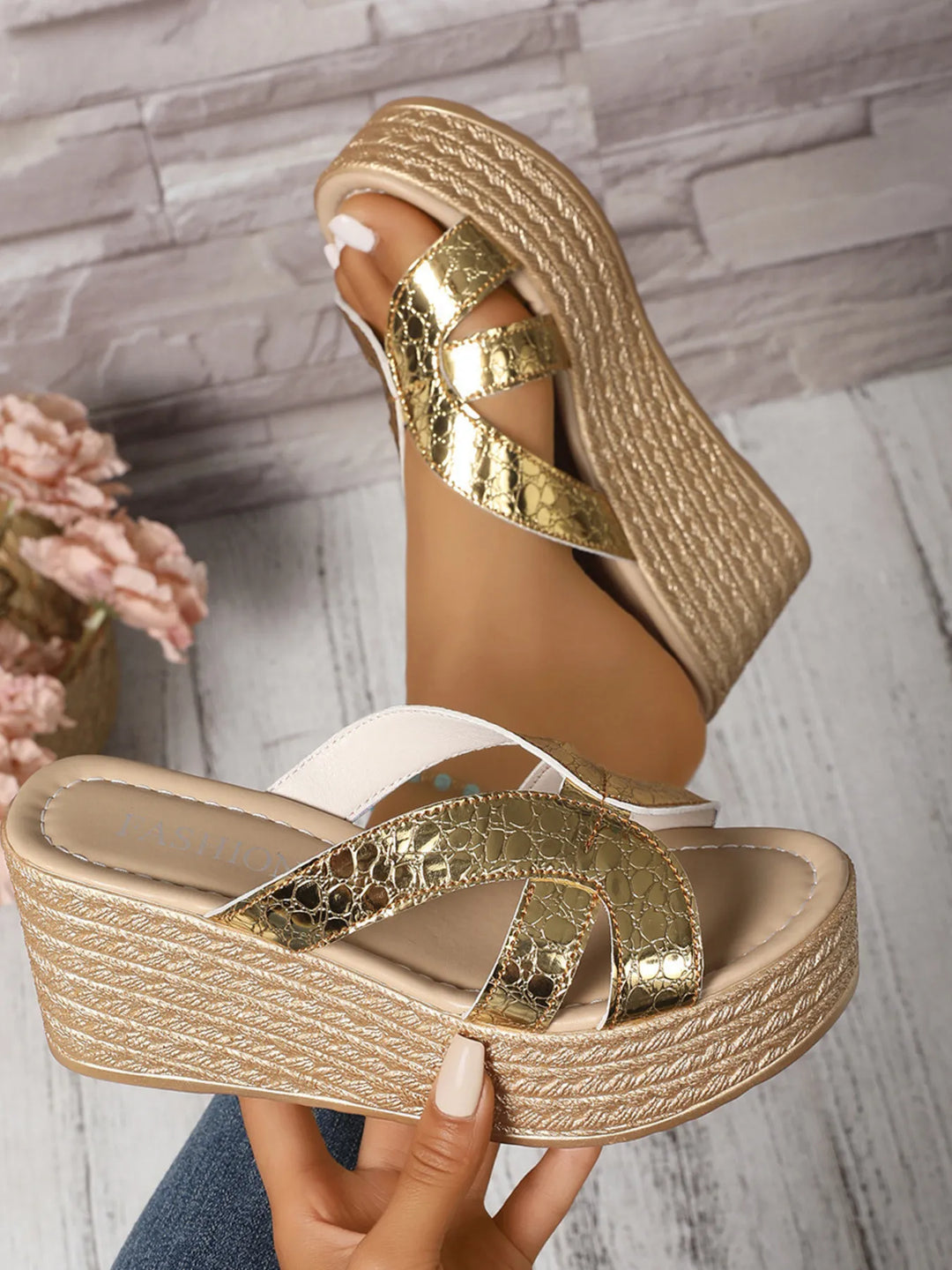 Sparkling gold women's high heel wedge sandals, perfect glamorous footwear for evening events.