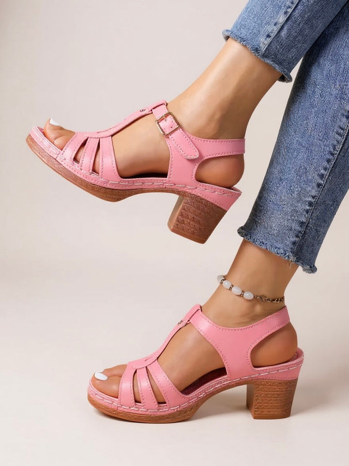Women's elegant lift block heel sandals in beige, stylish slip-on footwear.