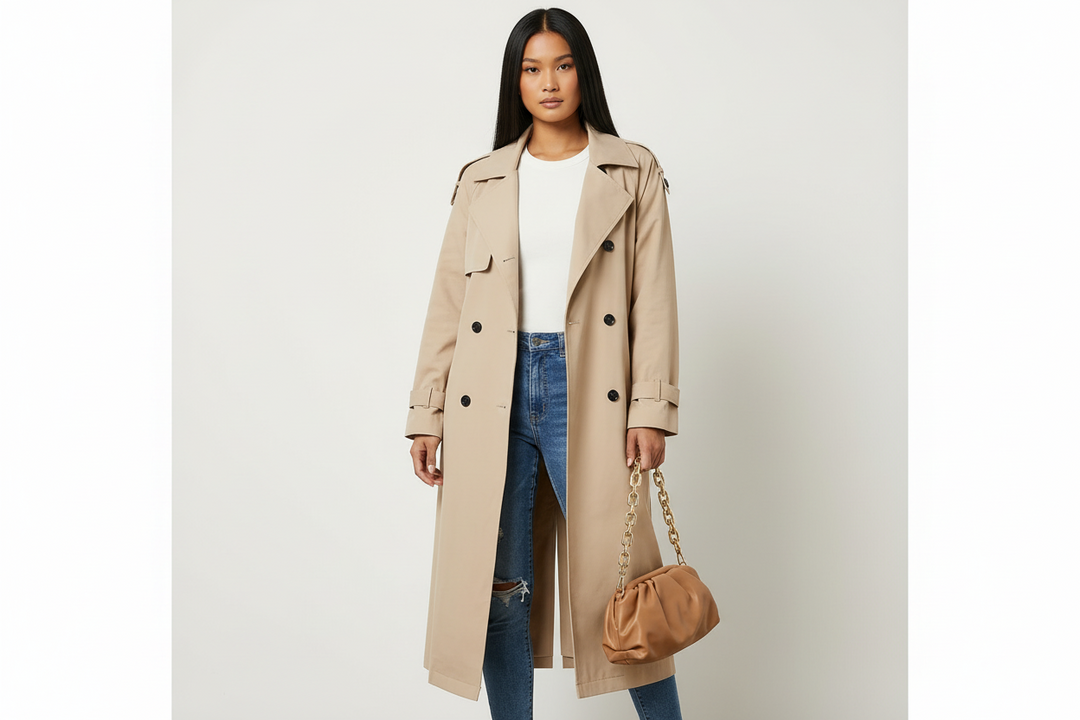 Women's elegant long trench coat, classic style outerwear for versatile fashion.