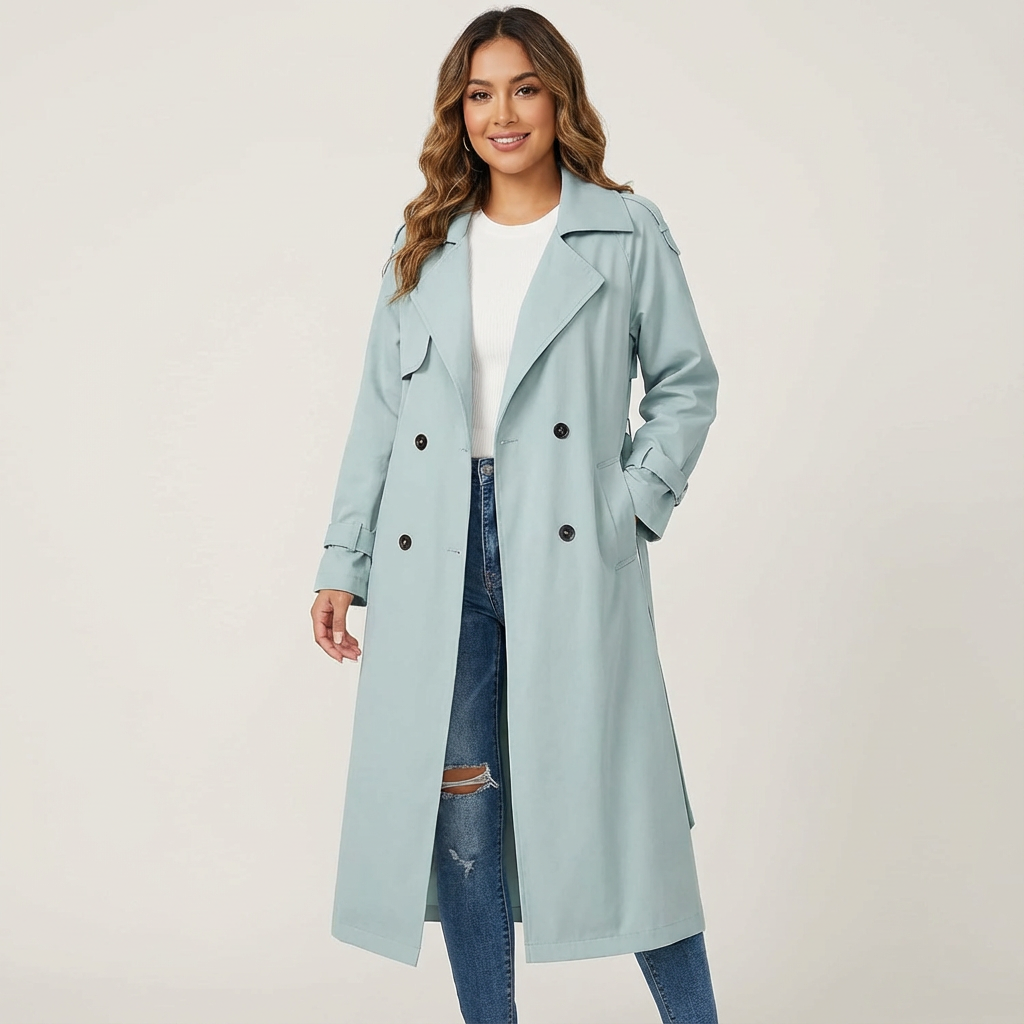 Stylish women's long trench coat, perfect for workwear, travel, or elegant everyday outfits.