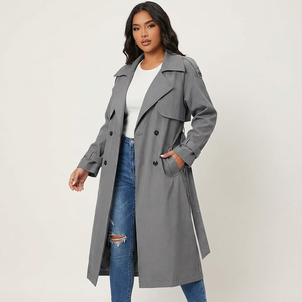 Classic long trench coat for women, elegant fashion outerwear, ideal for a sophisticated look.