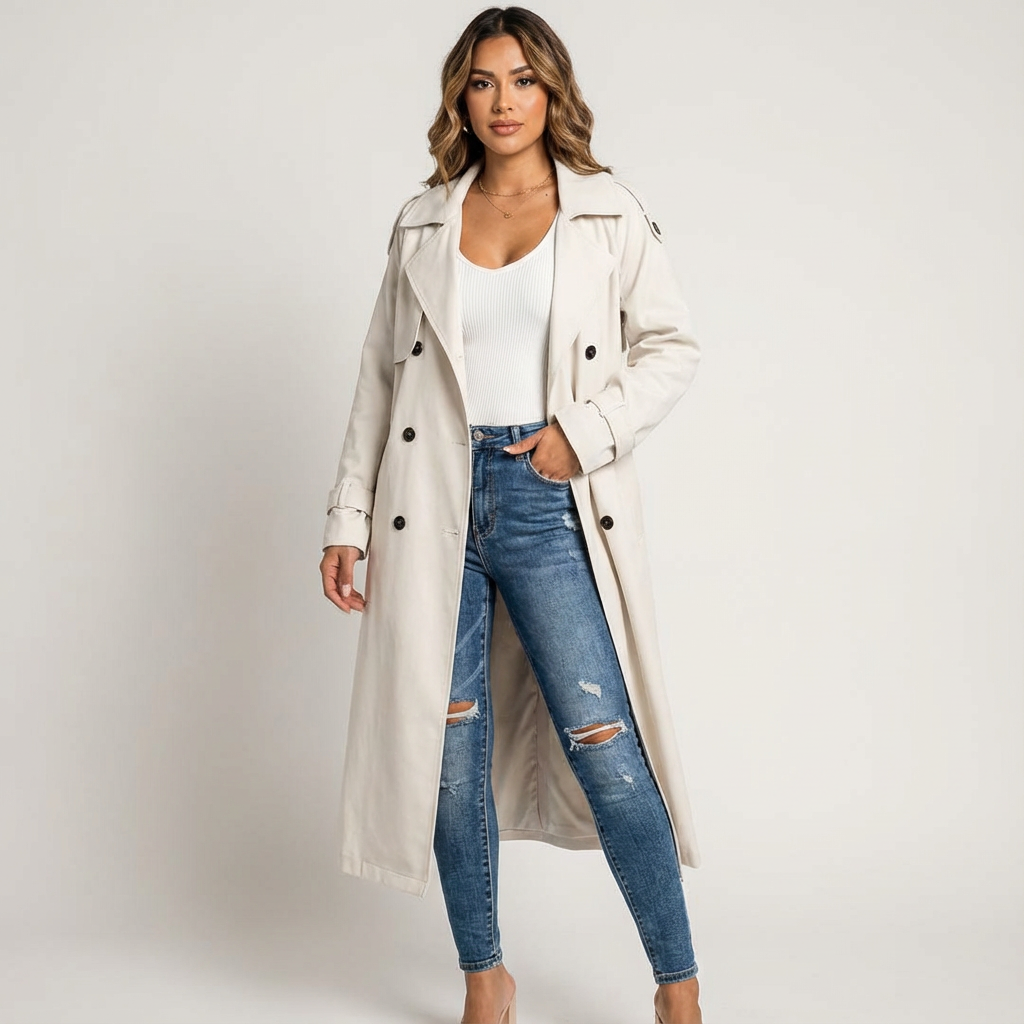 Versatile women's trench coat, a stylish long jacket for any season, elegant daily wear.