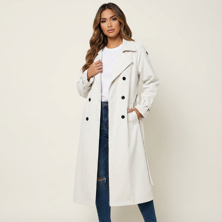Women's elegant long trench coat in a classic style, perfect for sophisticated work or travel.