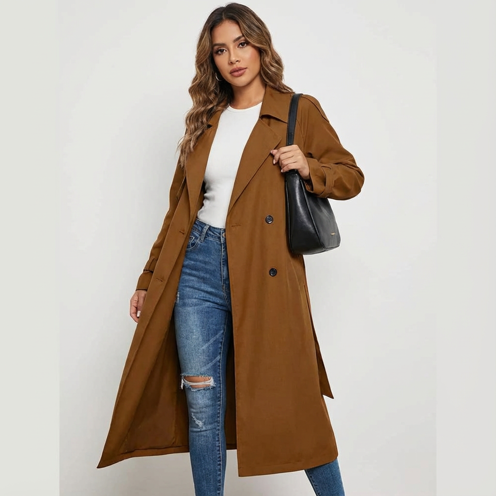 Stylish ladies long trench coat, versatile everyday outerwear for elegant and classic fashion.