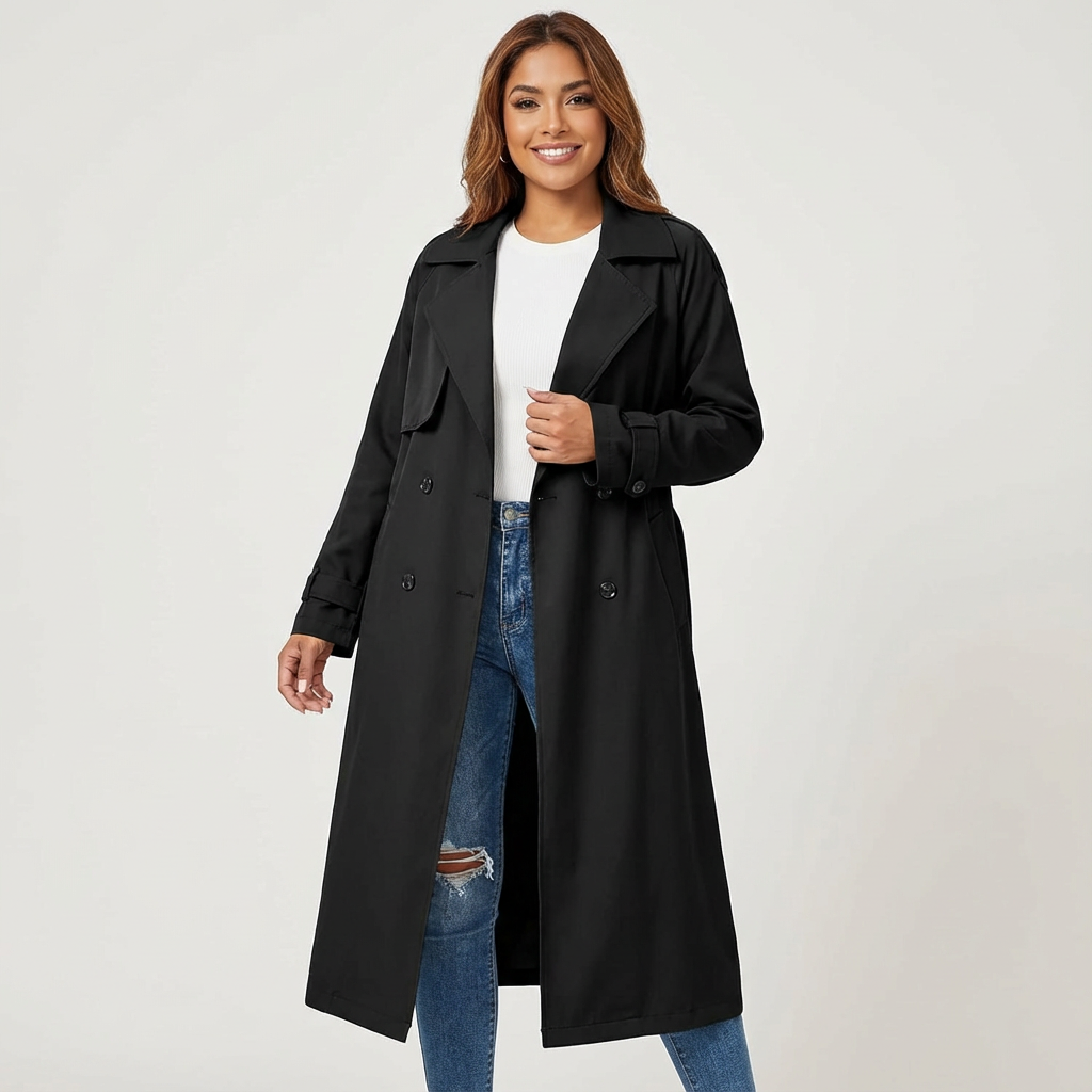 Elegant long trench coat for women, classic style seasonal outerwear, perfect for work & travel.