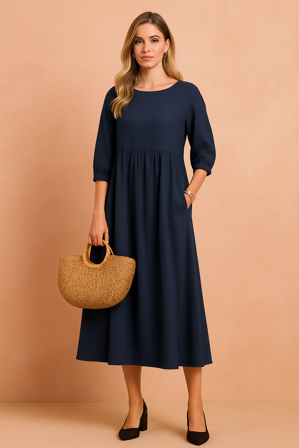 Women's Elegant Midi Dress with 3/4 Sleeves