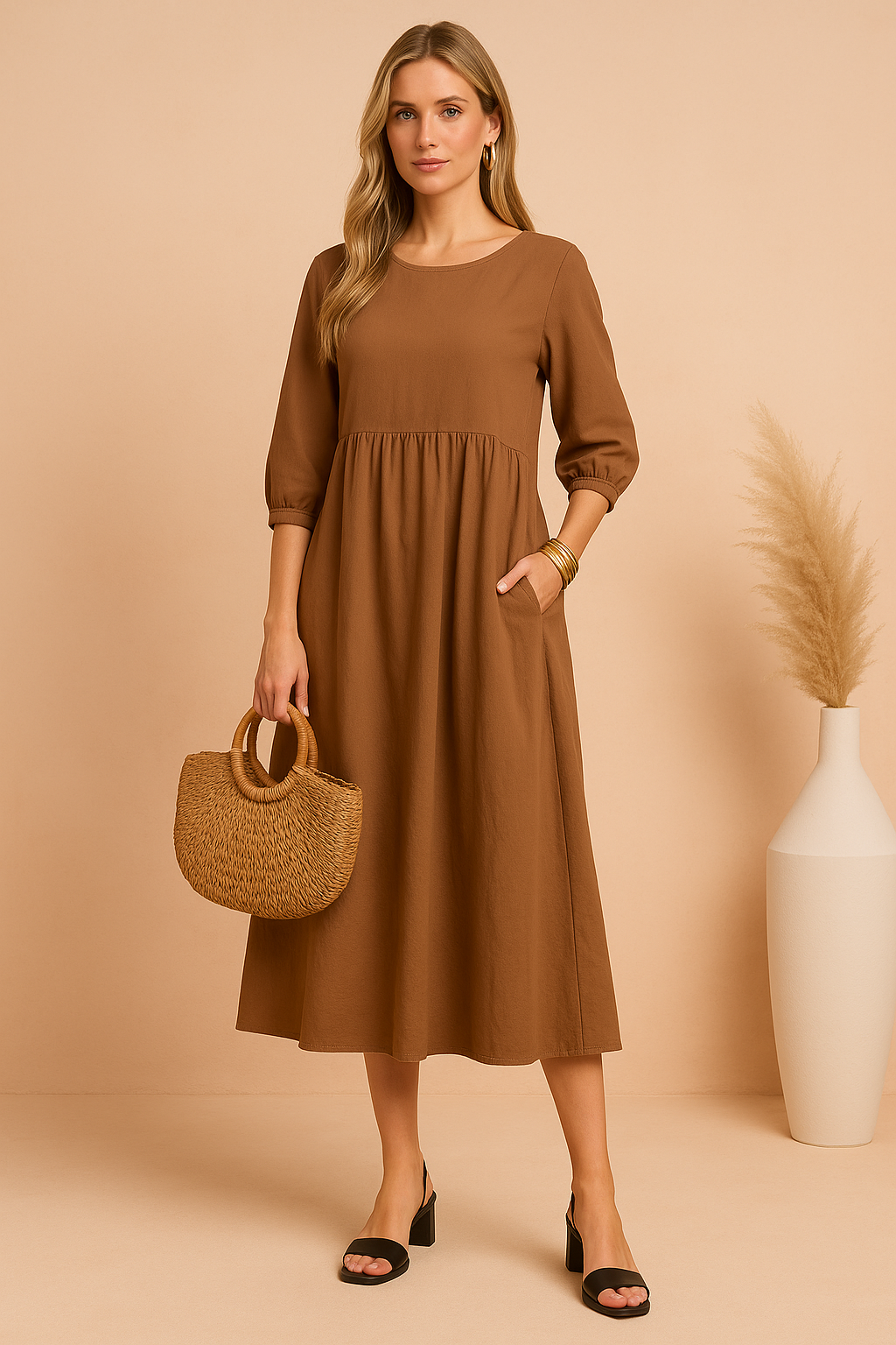 Women's Elegant Midi Dress with 3/4 Sleeves