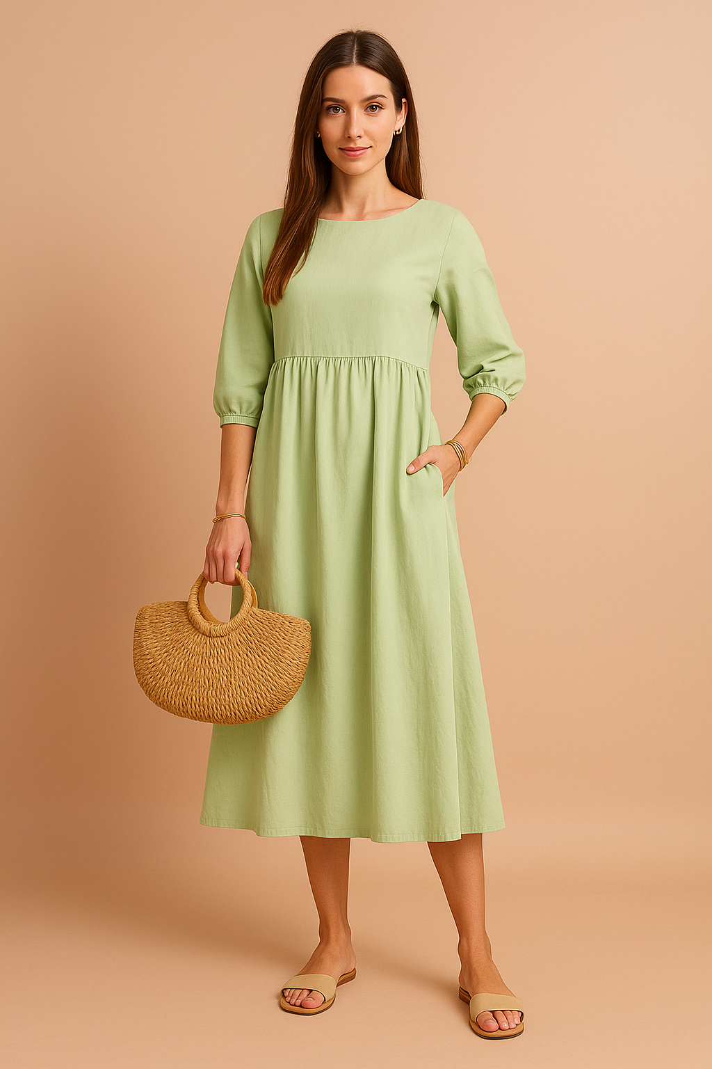 Women's Elegant Midi Dress with 3/4 Sleeves