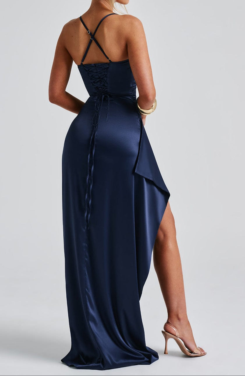 Chic navy blue formal maxi dress, perfect for evening galas and events.