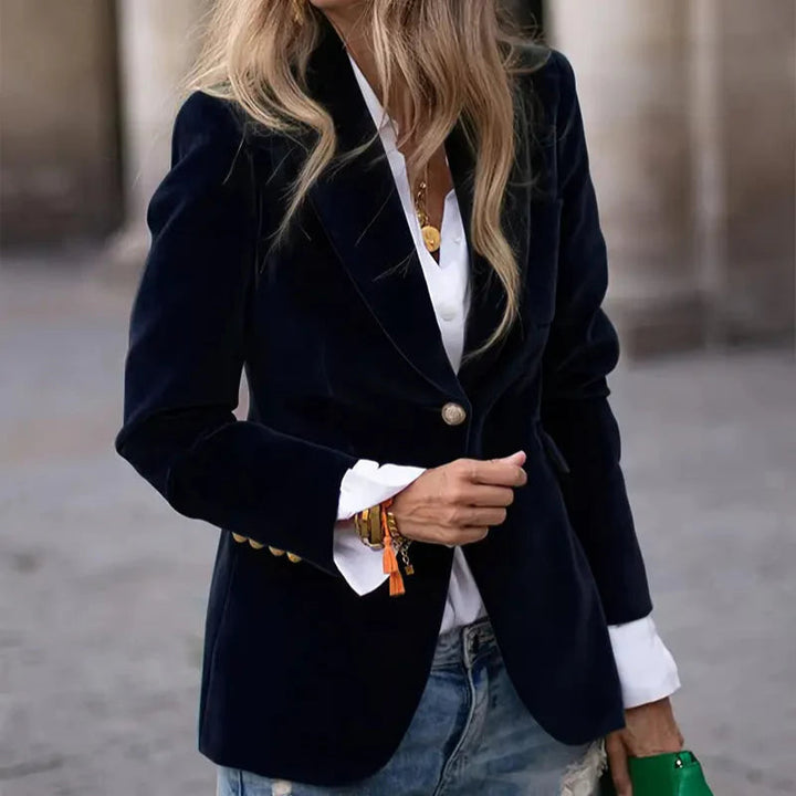 Women's elegant navy velvet blazer, perfect for formal occasions and evening wear.