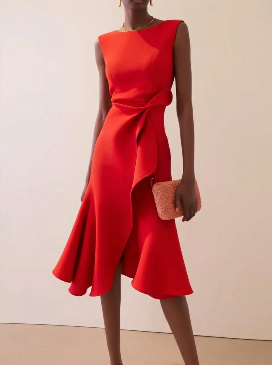 Women's elegant red ruffle midi cocktail dress, perfect for parties and special occasions.