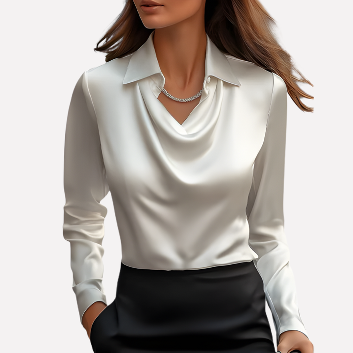 Women's elegant satin blouse featuring a sophisticated draped collar.