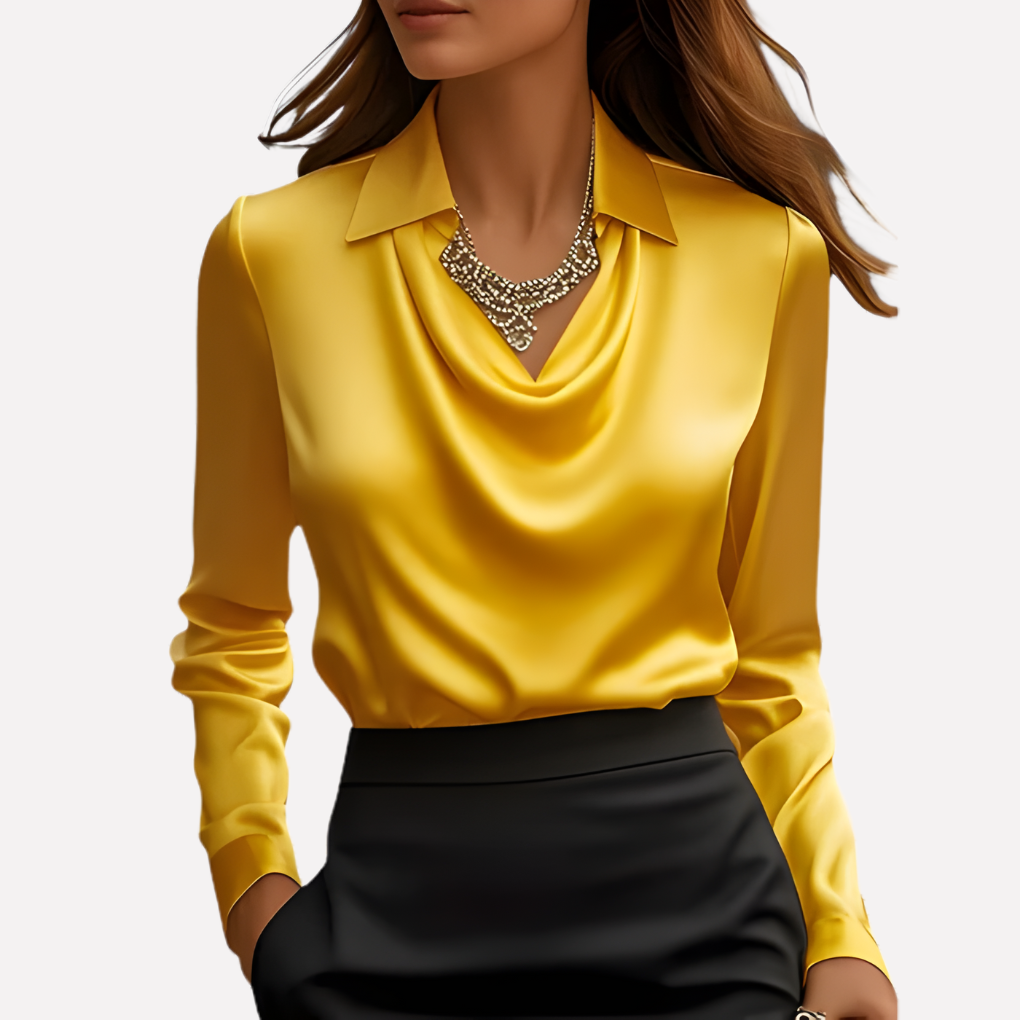 A must-have wardrobe staple: women's satin blouse with a stylish draped collar.
