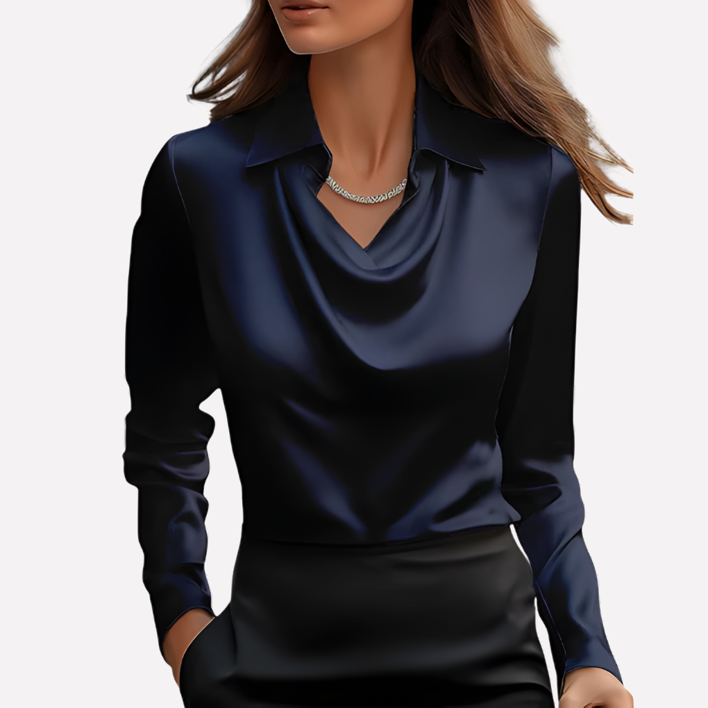 Stylish satin blouse with a draped collar, a versatile wardrobe staple.