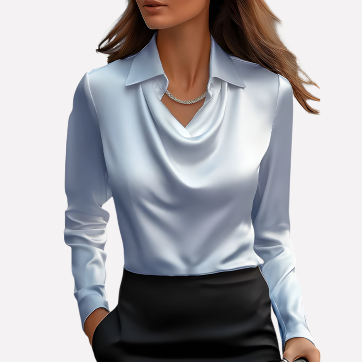 A sophisticated women's satin top with long sleeves and a unique draped collar.