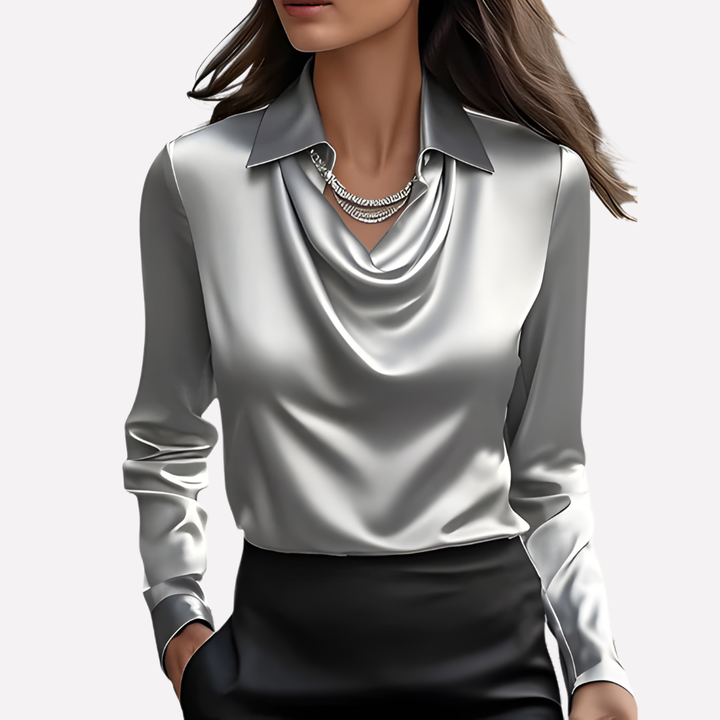 This women's satin blouse offers polished style with its draped collar.