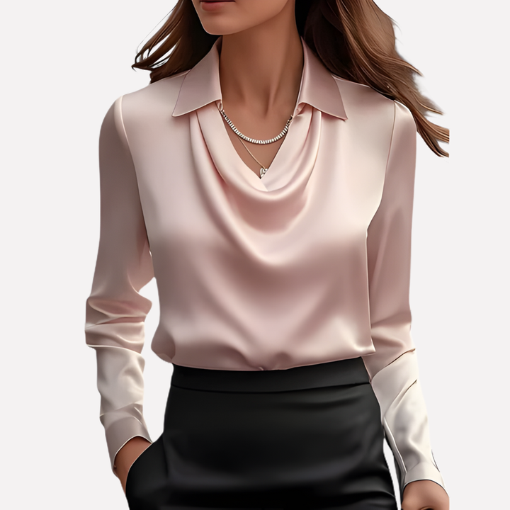 Versatile satin top for women, combining elegance and comfort with a draped collar.