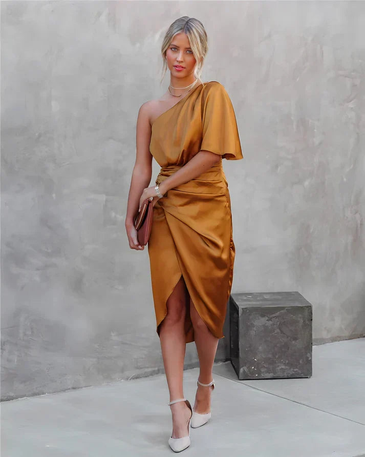 Stylish women's Seraphina midi evening dress, elegant silk for parties & formal occasions.