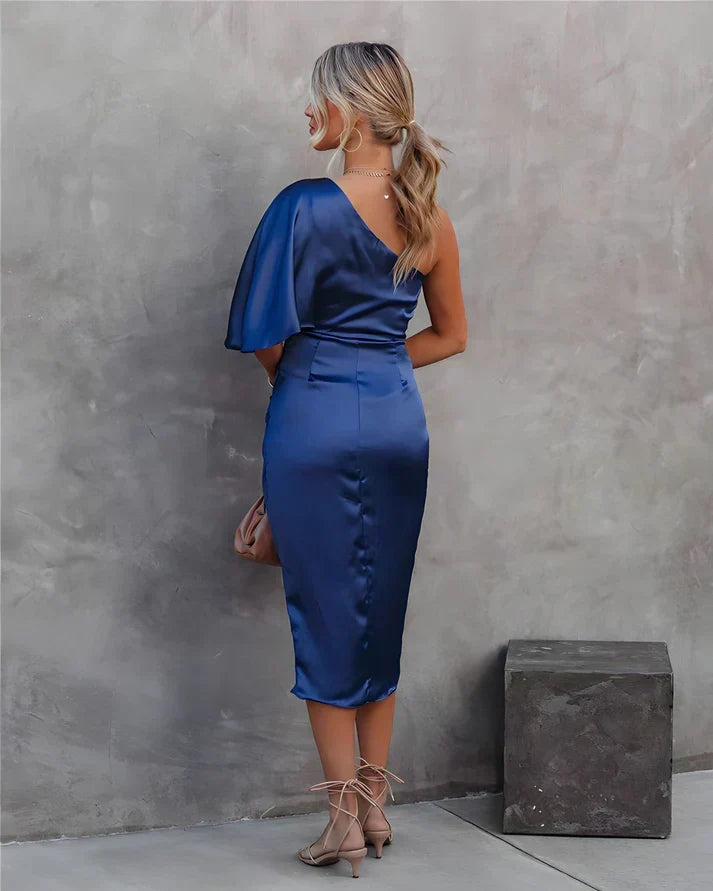 Women's sophisticated party dress, Seraphina silk midi style for elegant nights out.