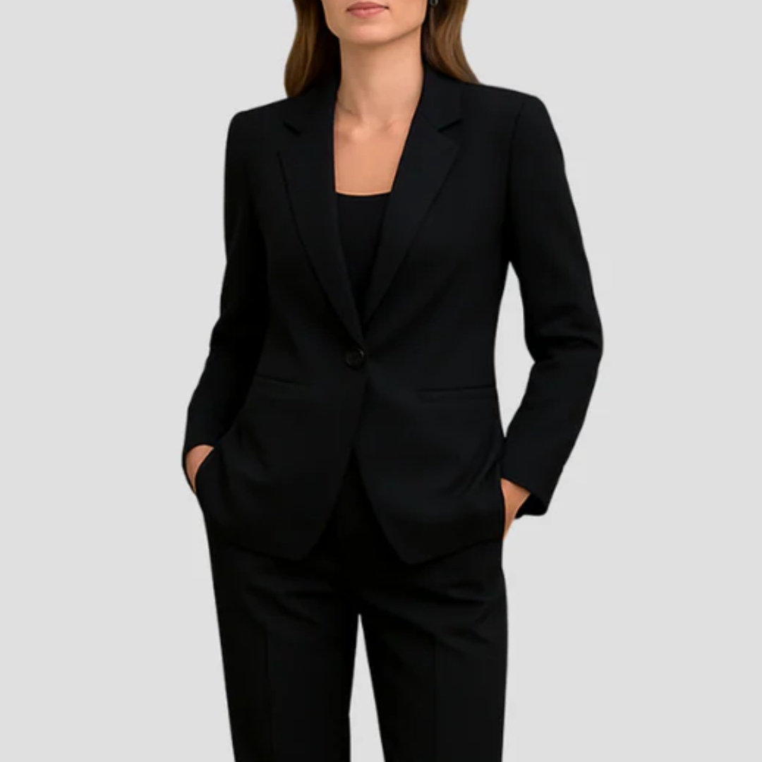 Versatile women's two-piece blazer & trousers set, perfect for smart casual looks & office attire.