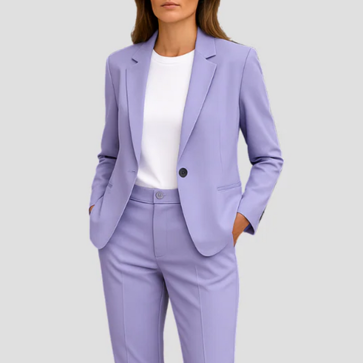 Chic women's matching two-piece set featuring an elegant blazer and tailored trousers for versatile fashion.