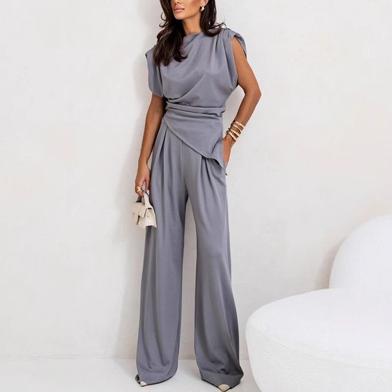 Woman wearing an elegant two-piece set, showcasing effortless style, comfort, and versatile fashion.