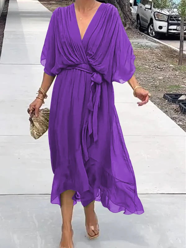 Versatile V-neck party dress, short sleeves, suitable for weddings & formal events.