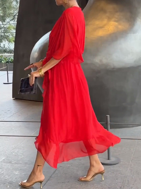 Elegant short-sleeve V-neck dress, ideal for wedding guests & formal events.