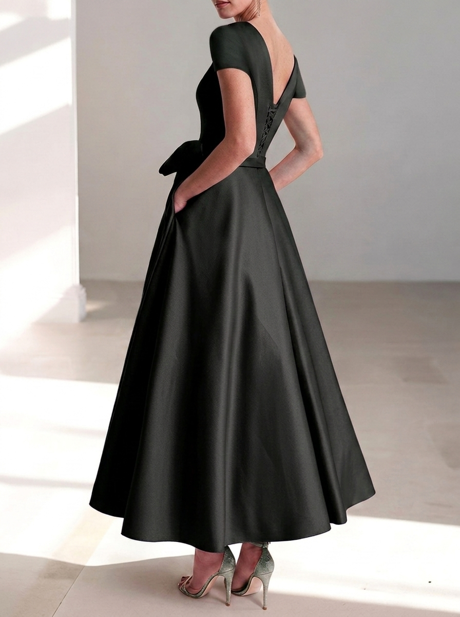 Chic V-neck formal midi dress perfect for bridesmaids and evening events.