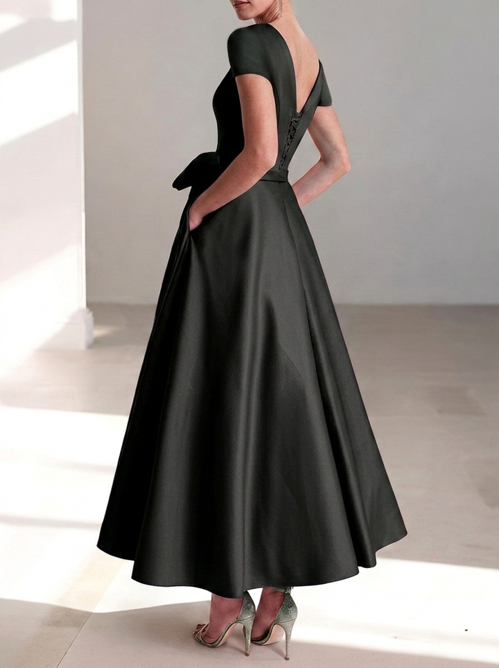 Chic V-neck formal midi dress perfect for bridesmaids and evening events.