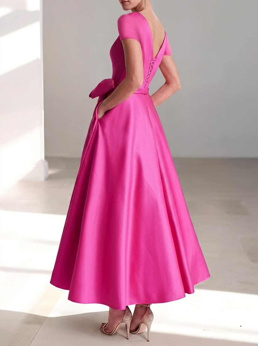 Midi length bridesmaid dress in a classic V-neck design with a chic bow accent.