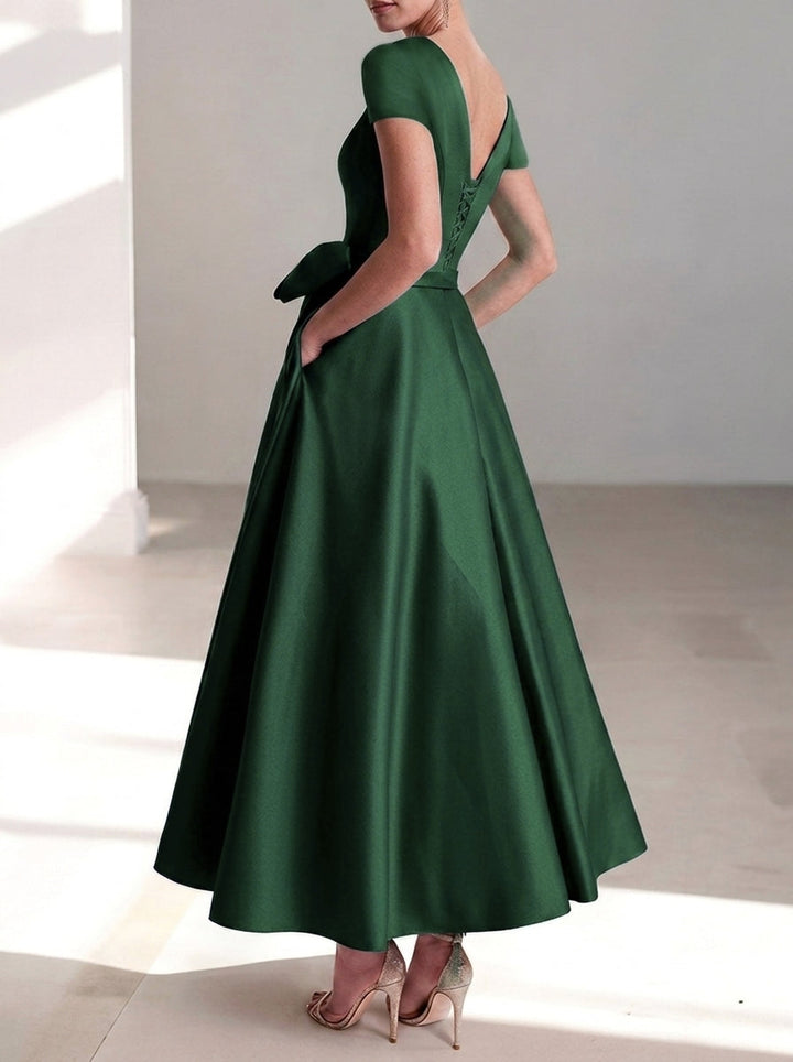 Formal V-neck midi dress, ideal for weddings, parties, and evening occasions.