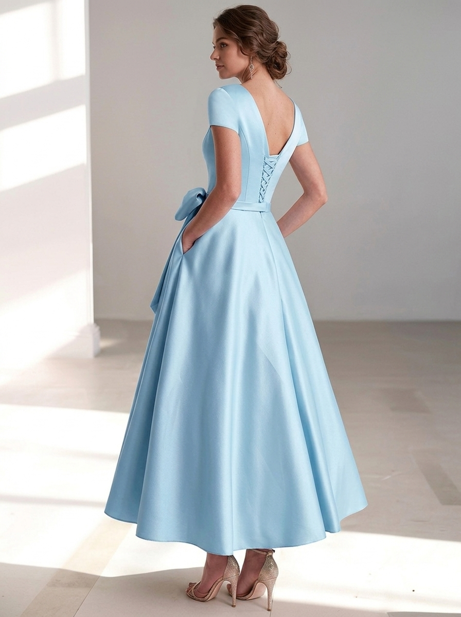 Women's formal midi dress, featuring a graceful V-neckline and elegant bow waist.