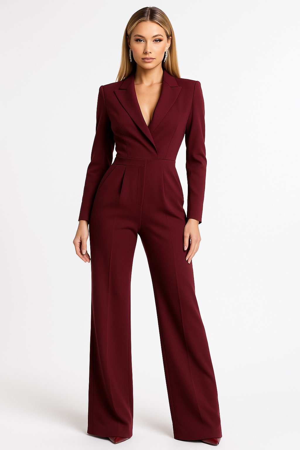 Sophisticated V-neck jumpsuit with flowing wide legs, a chic all-in-one outfit for women.