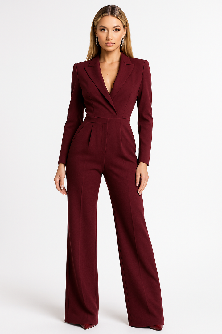 Sophisticated V-neck jumpsuit with flowing wide legs, a chic all-in-one outfit for women.