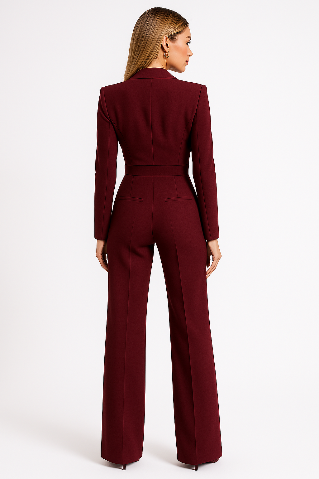 Chic women's blazer-style V-neck jumpsuit featuring elegant wide-leg silhouette.