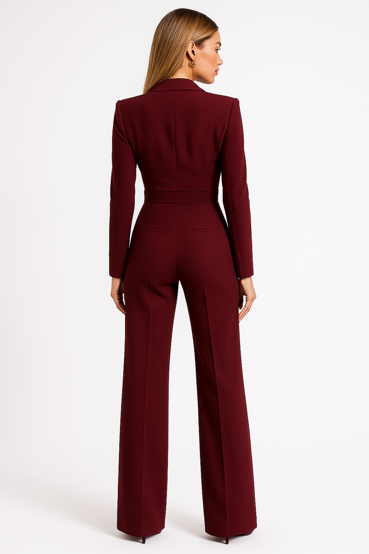 Chic women's blazer-style V-neck jumpsuit featuring elegant wide-leg silhouette.