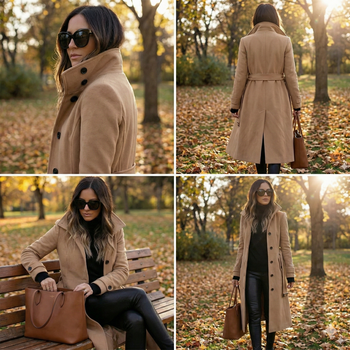 Stylish red wool blend trench coat for women, perfect winter outerwear